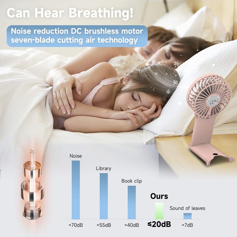 QQT Mini Handheld Fan,4 Speed Adjustable Portable Battery Operated Fans,USB Rechargeable Desk Fan with Mirror,Max 20 Hrs Hand Fan For Travel Office Outdoor Women Men (Pink) - Image 5